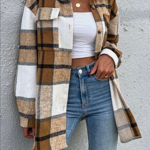 Plaid Print Flap Pocket Drop Shoulder Wool-Mix Fabric Overcoat - Picture 1 of 3